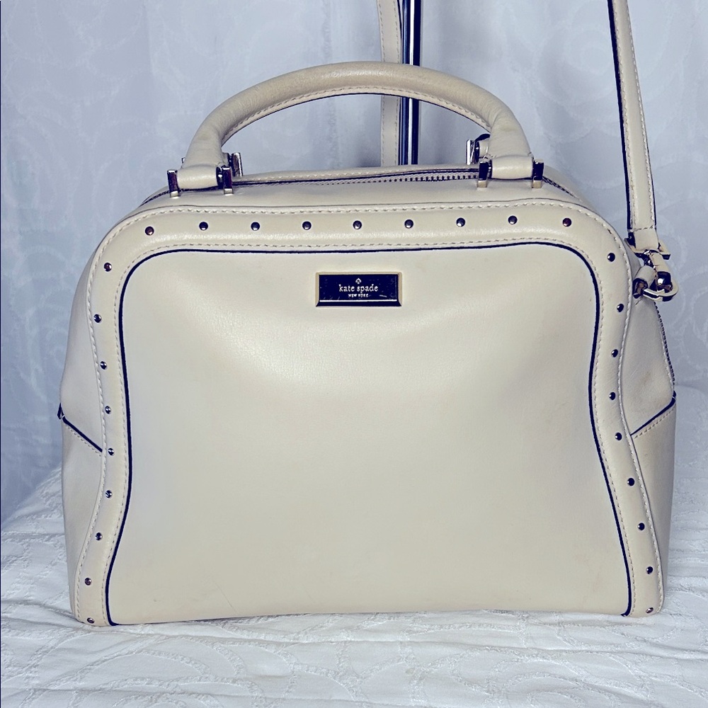 KATE SPADE Rocki Helena Street cream colored leather satchel handbag with studs.